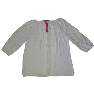 VTG Women's Catherine Malandrino Blouse Size L White Lace Embroidery 3/4 Sleeve